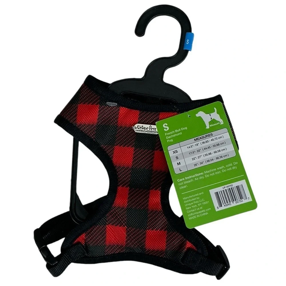 Unique Petz Dog Small Harness Adjustable Comfy Tartan Plaid Red Black SZ S